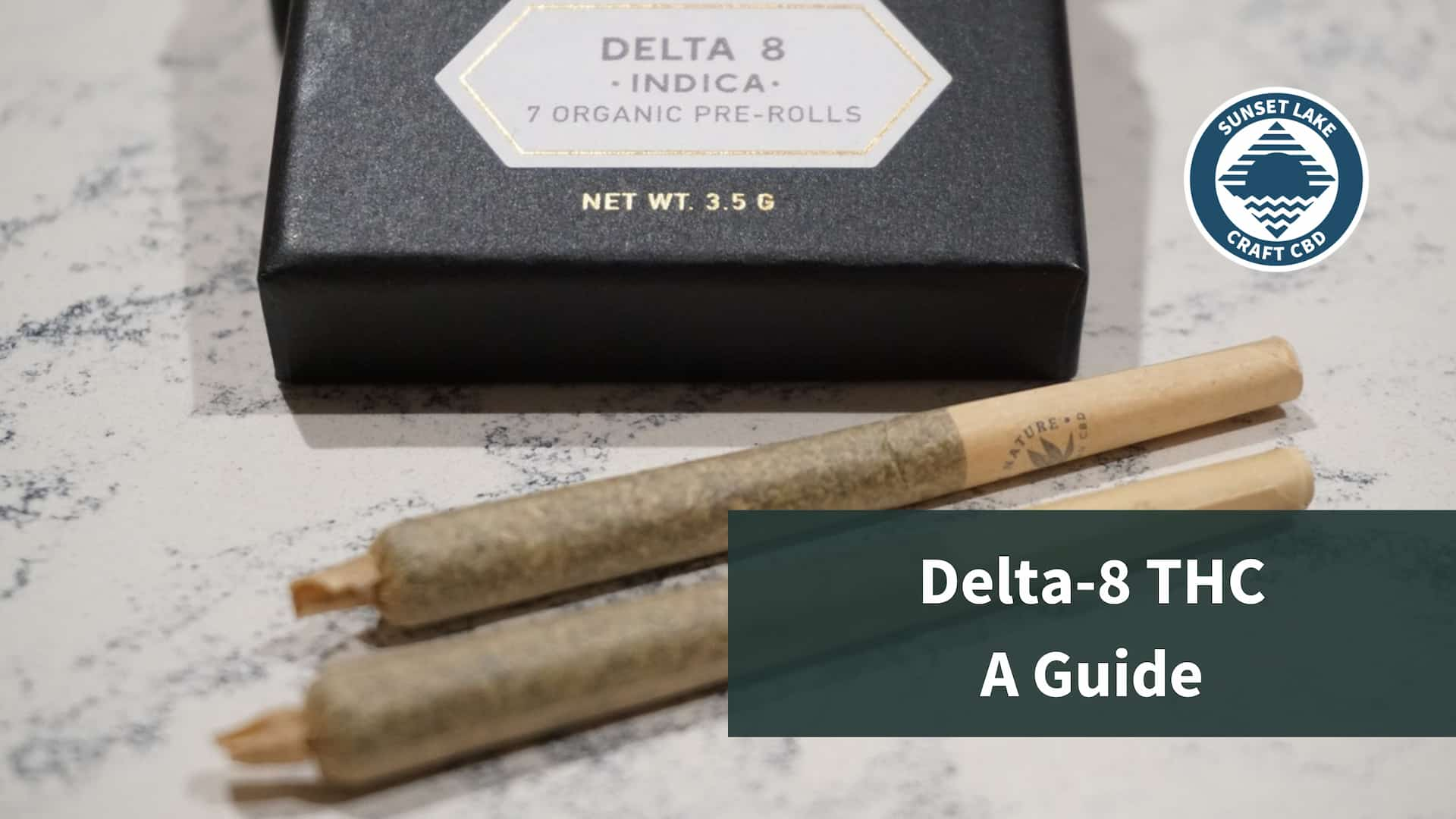 Two prerolled joints of delta-8 THC sprayed hemp flower. The text reads "Delta-8 THC: A Guide"