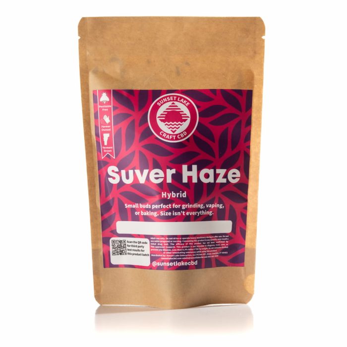 A one ounce pouch of Suver Haze Hemp Flower Smalls from Sunset Lake CBD