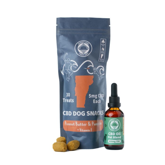 CBD Pet Bundle with peanut butter treats on the outside of the dog treat bag