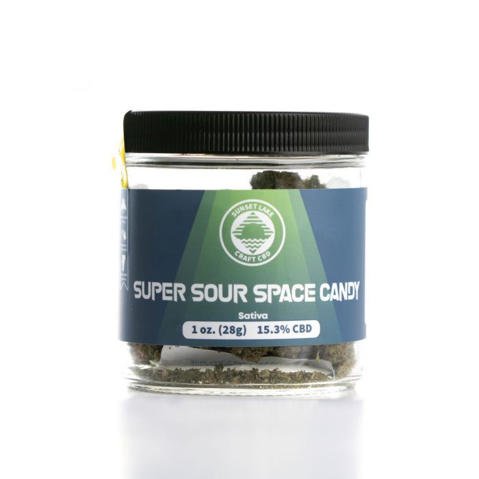 One ounce jar of Super Sour Space Candy Hemp Flower from Sunset Lake CBD
