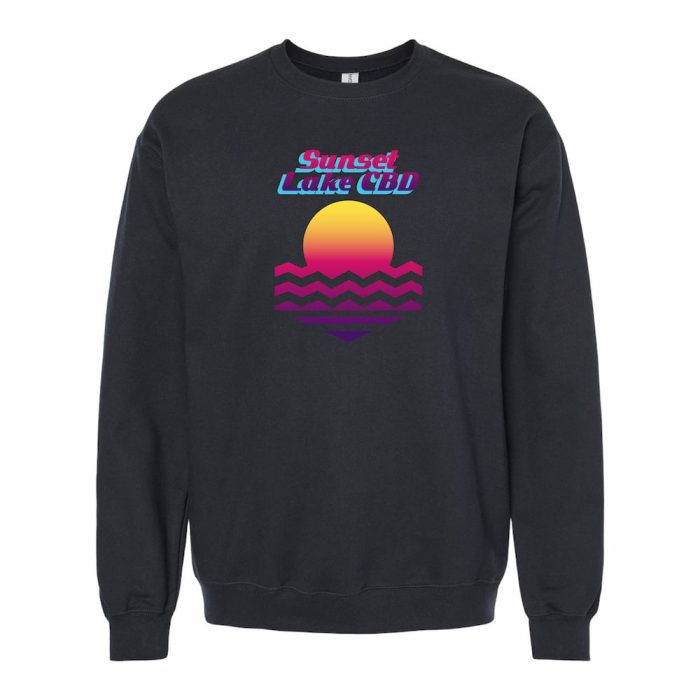 A black crewneck with a retro Sunset Lake CBD logo on the chest