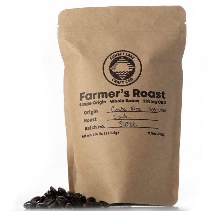 Sunset Lake CBD's Farmer's Roast CBD Coffee quarter pound size.
