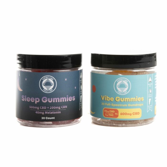 A jar of full spectrum Vibe gummies next to broad spectrum Sleep Gummies. Vibe 'n' Night bundle