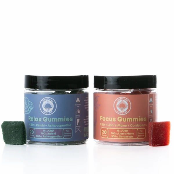 Two 20-count jars of Sunset Lake CBD's Functional Mushroom Gummies. Relax on the left and Focus on the right.