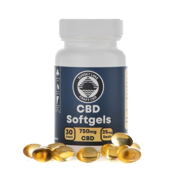 A 30-count bottle of CBD Softgels surrounded by loose softgel caps