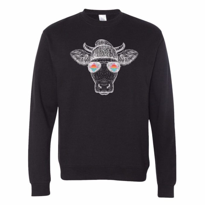 A black long-sleeve crewneck featuring the Sunset Lake CBD Cow design