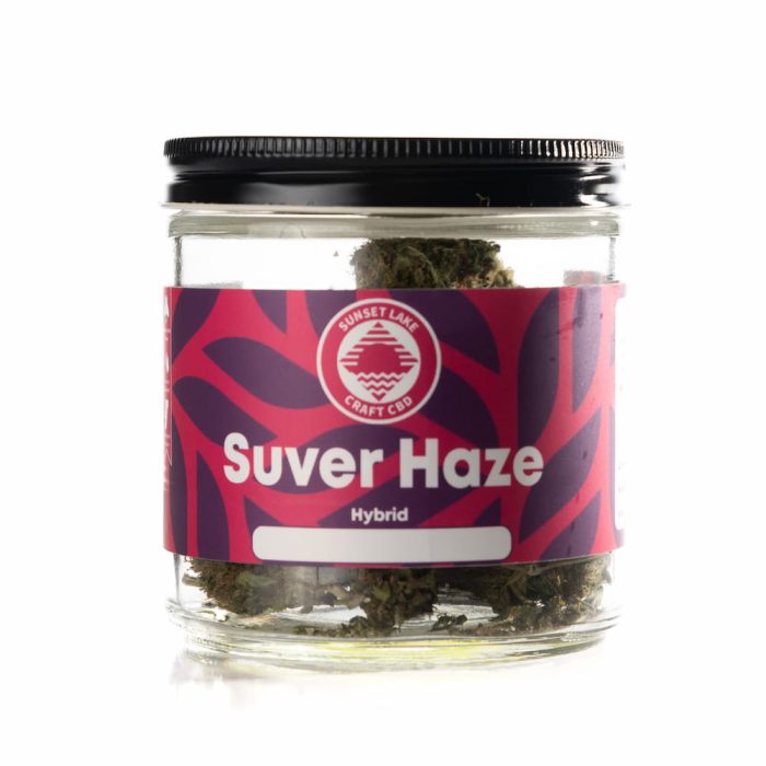 A glass jar containing one ounce of Suver Haze Hemp Flower from Sunset Lake CBD.