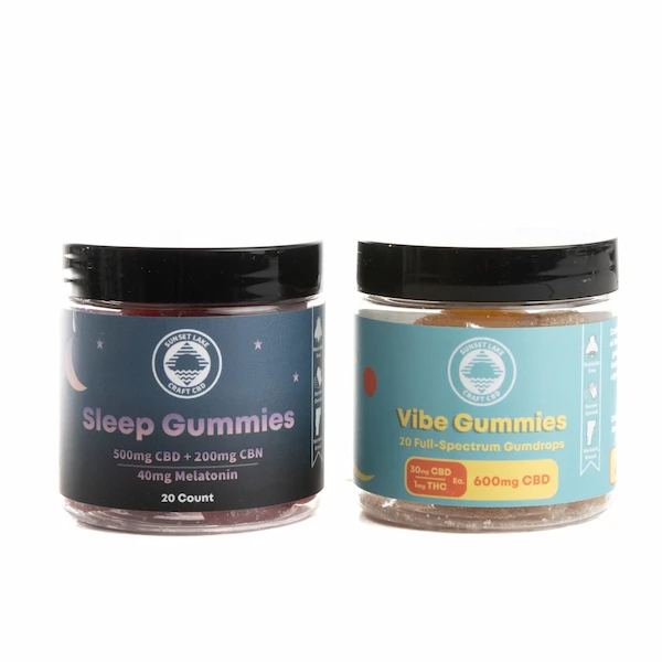 Sunset Lake CBD's Vibe 'N' Night Gummy Bundle featuring the Sleep Gummies infused with CBD, CBN, and melatonin and the Full Spectrum CBD Vibe Gummies infused with CBD and THC.
