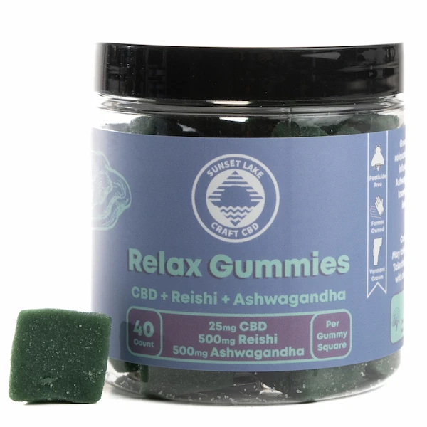 A 40-count jar of Sunset Lake CBD's Relax Functional Mushroom Gummies with CBD, Reishi Mushroom, and Ashwagandha Extract. The label is blue and features teal text with purple accents.