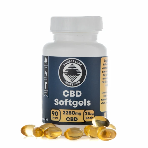 A white opaque 90-count bottle of Sunset Lake CBD's Full Spectrum CBD Softgels.