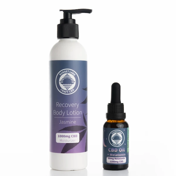 Treat yourself to some peace and quite, inside and out, with Sunset Lake's Bedtime CBD Bundle featuring one 8-ounce bottle of CBD Recovery Body Lotion and a one-ounce bottle of 1200mg CBD Oil + melatonin.