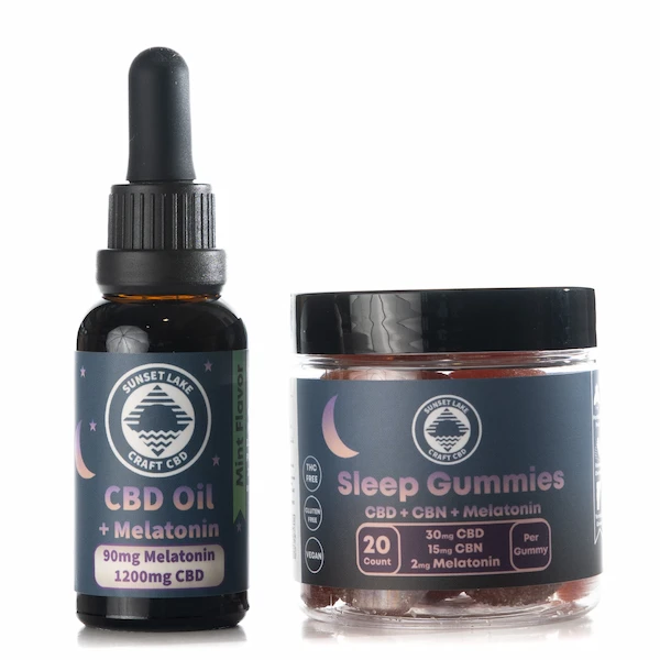 Sunset Lake CBD's Better Sleep Bundle featuring the 1200mg CBD Oil + Melatonin and the Sleep Gummies infused with CBD, CBN, and melatonin.