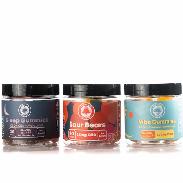 Sunset Lake CBD's CBD Gummy Bundle featuring the Sleep Gummies infused with CBD, CBN, and melatonin; the CBD Sour Bears; and the Full Spectrum CBD Vibe Gummies infused with CBD and THC.