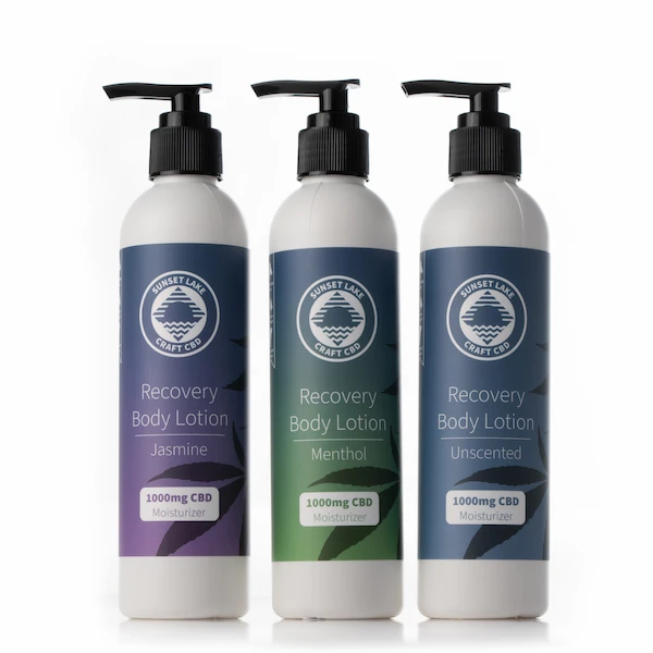 Three different scents of Sunset Lake's 8oz. CBD Recovery Body Lotion. From left to right we have Jasmine, Menthol, and Unscented.