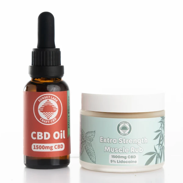 Keep your daily aches and pains at bay with Sunset Lake's Everyday Relief Bundle featuring a 1500mg Full Spectrum CBD Oil Tincture and a two-ounce jar of Extra Strength Muscle Rub with 1500mg of CBD and lidocaine.