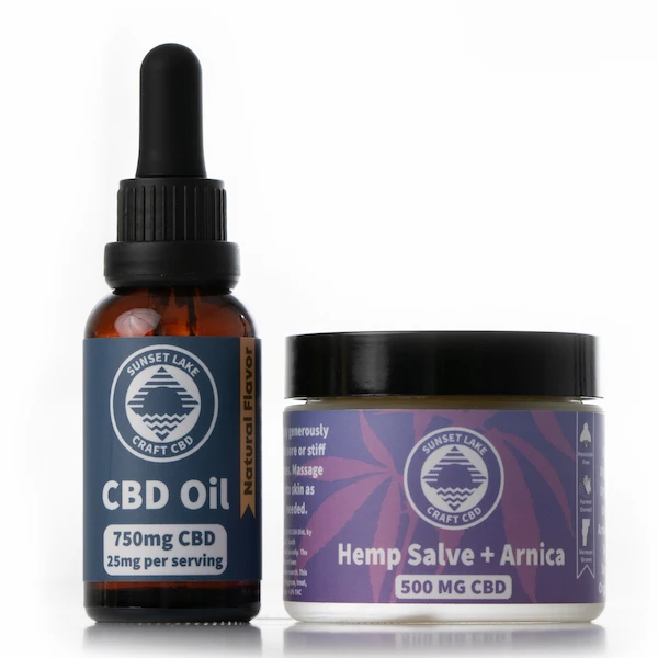 Sunset Lake CBD's Weekend Warrior CBD Bundle featuring the 750mg Full Spectrum CBD Oil Tincture on the left and the 2oz full-spectrum CBD Salve + Arnica on the right