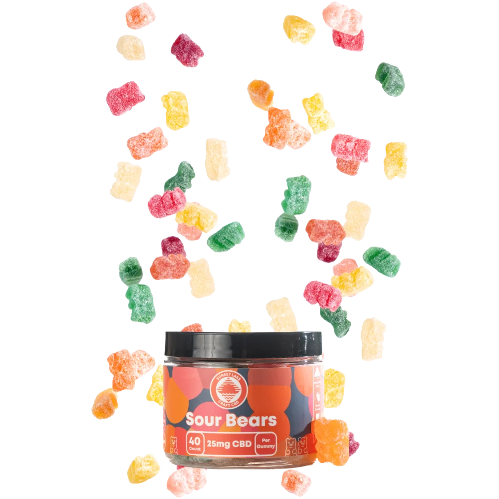 Sunset Lake CBD Homepage Image A jar of Sunset Lake CBD Sour Bear CBD Gummies.