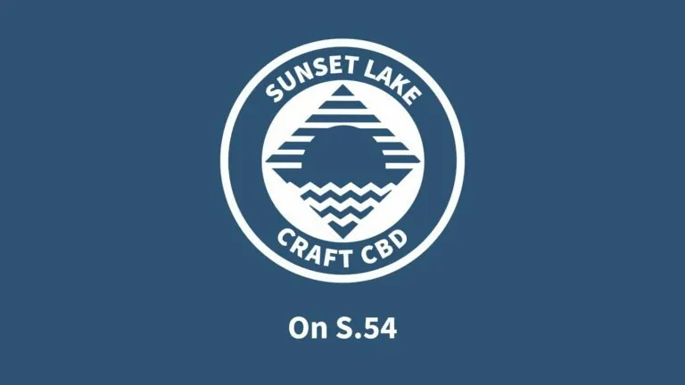 A blue banner with the Sunset Lake CBD logo. Text reads "On S.54" (A Vermont bill regarding cannabis)