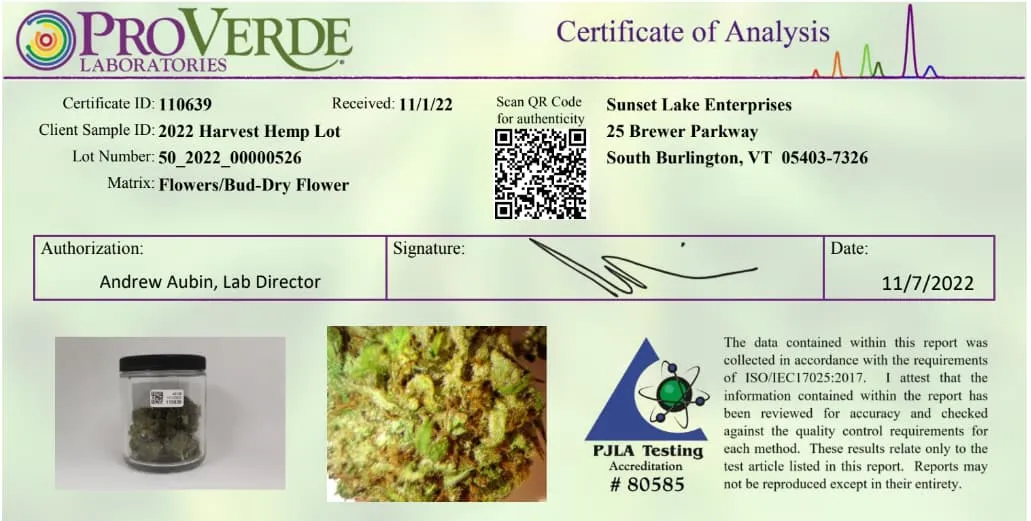 Header from Sunset Lake's 2022 Harvest Lot Test COA