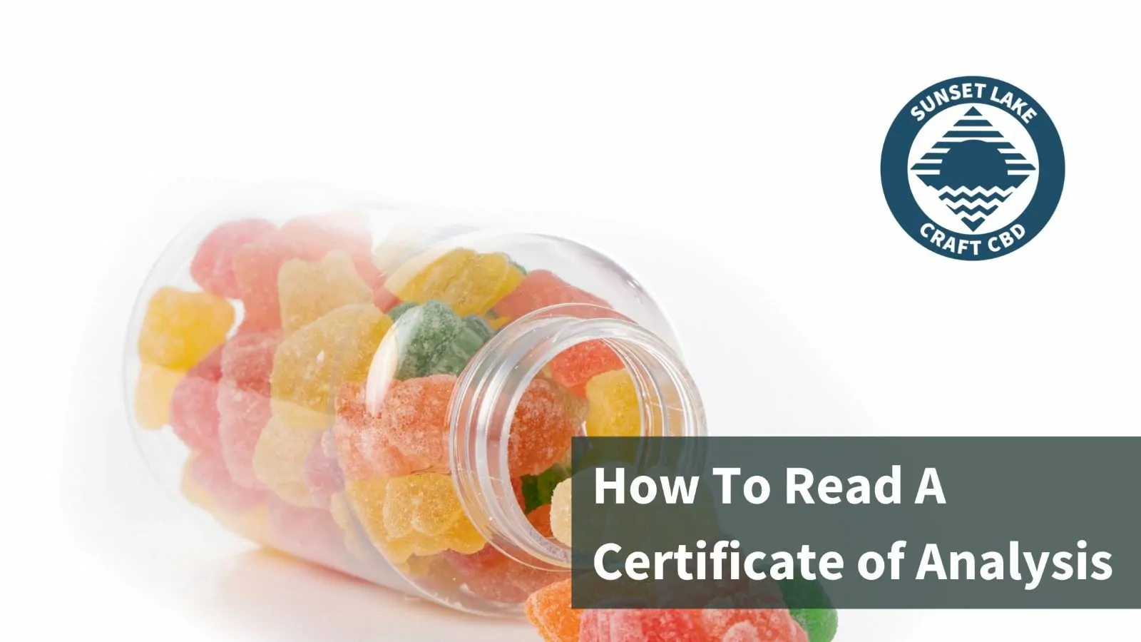An overturned jar of CBD gummies with text that reads "How to read a certificate of analysis"
