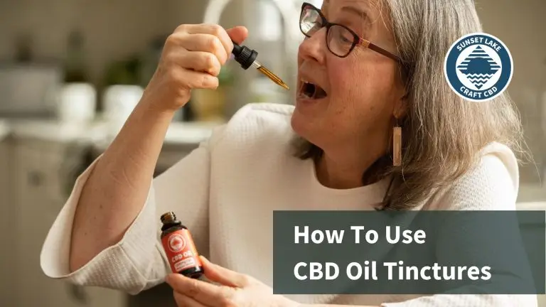 A woman taking CBD oil. Text reads "How to use CBD oil tinctures"