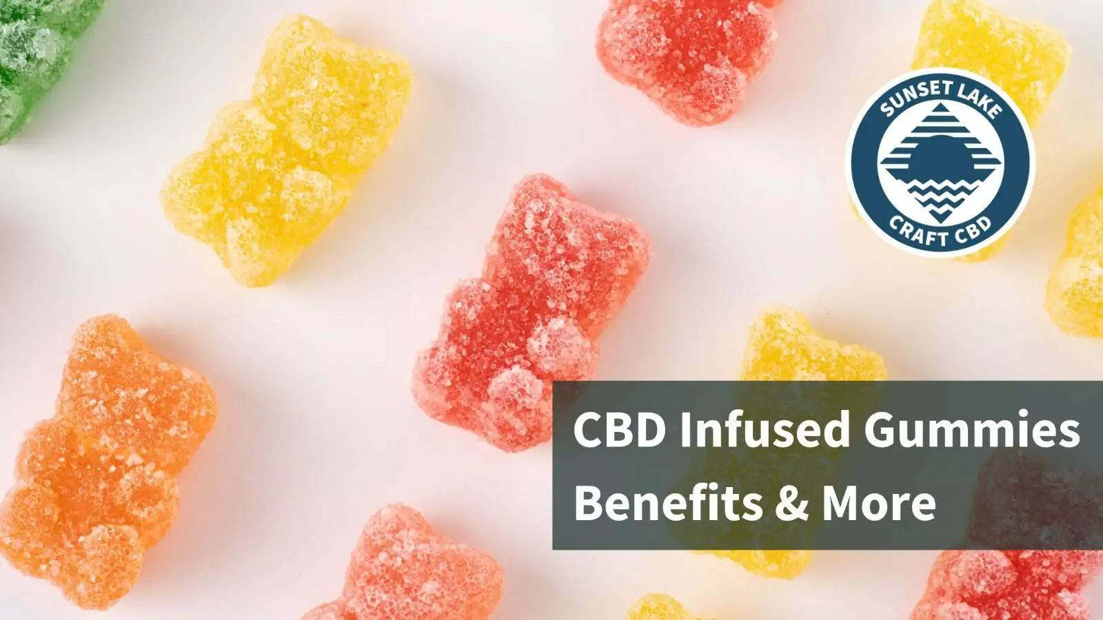 CBD-infused gummy bears lined up alternating colors. Text reads "CBD-infused gummies: benefits and more"