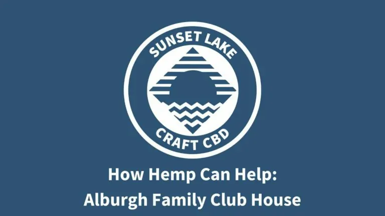 Sunset Lake CBD Logo on blue. Text reads "How Hemp Can Help: Alburgh Family Club House"