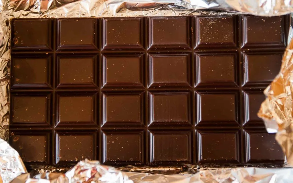 A bar of dark chocolate in a foil wrapper