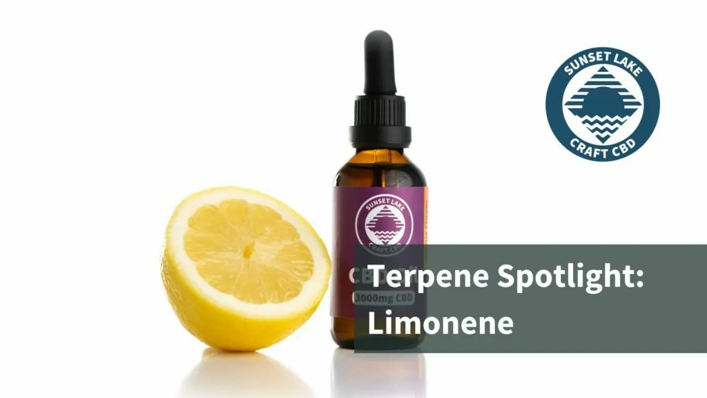 CBD oil bottle next to a lemon, highlighting the terpene spotlight on limonene with the text "Terpene Spotlight: Limonene."