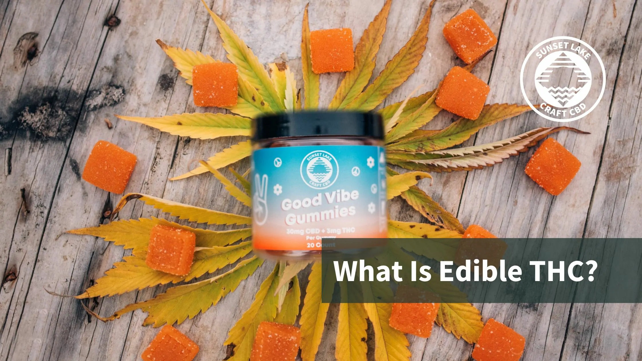 A jar of Good Vibe Gummies surrounded by cannabis leaves, emphasizing the question "What is edible THC?"