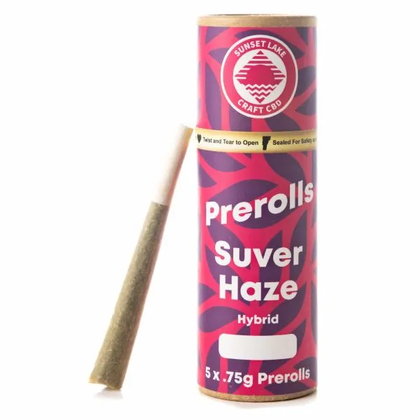 A tube of Suver Haze Prerolls from Sunset Lake CBD with a preroll leaning against tube