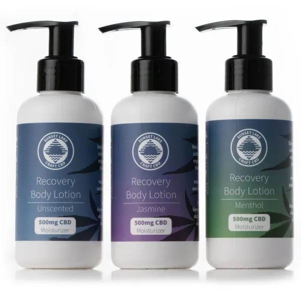 Three 4oz bottles of CBD Recover Body Lotion from Sunset Lake CBD