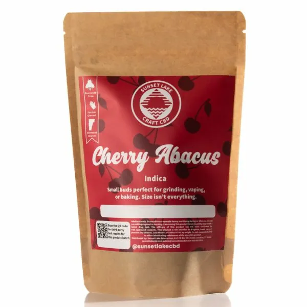 A one ounce bag of Cherry Abacus Hemp Flower Smalls