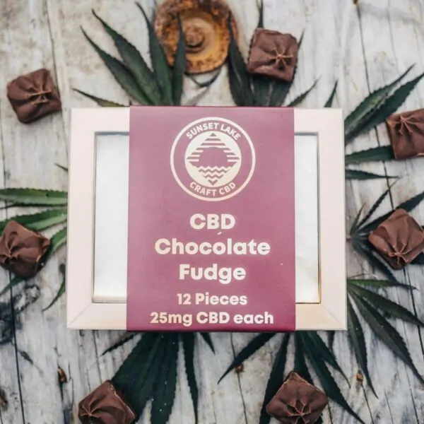 CBD Fudge one a bed of hemp leaves surrounded by squares