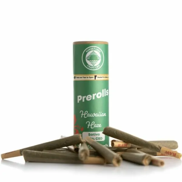 A tube of Hawaiian Haze Prerolls surrounded by pre-rolled joints