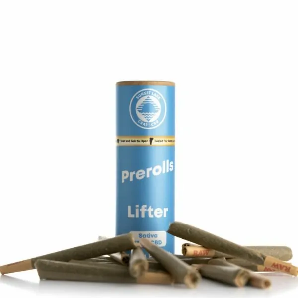 A tube of Lifter Prerolls surrounded by pre-rolled joints