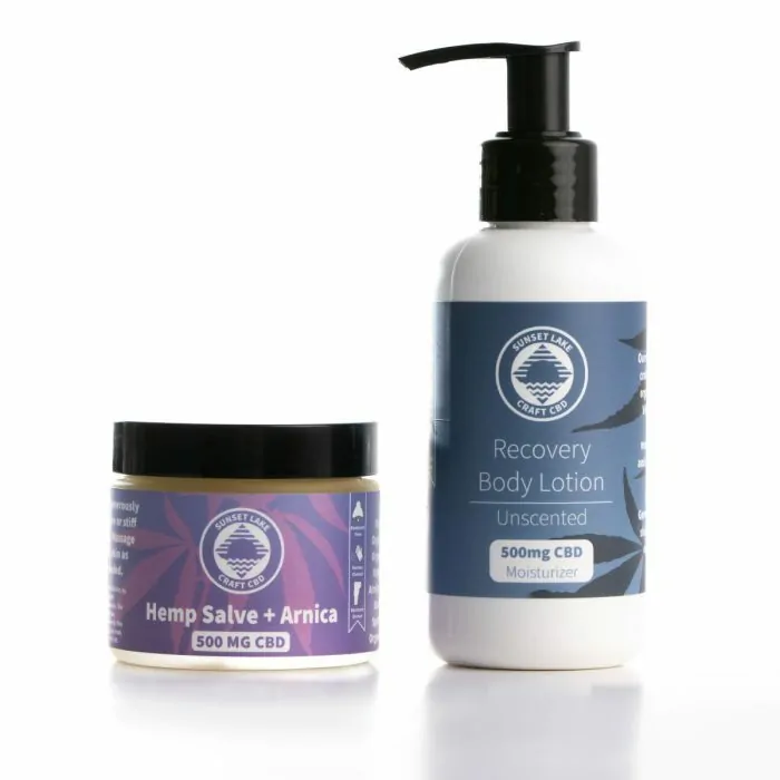Better Skin Bundle: A 500mg full spectrum CBD salve next to a four ounce bottle of Unscented CBD lotion from Sunset Lake CBD