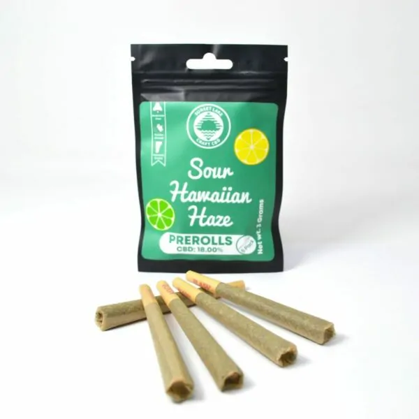 A package of Sour Hawaiian Haze prerolls with 5 joints in the front