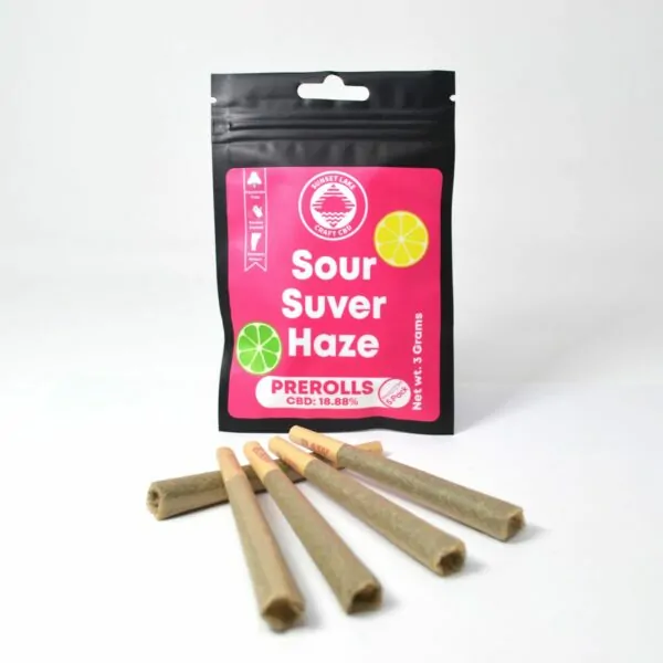 A package of Sour Suver Haze Prerolls with five joints in the front