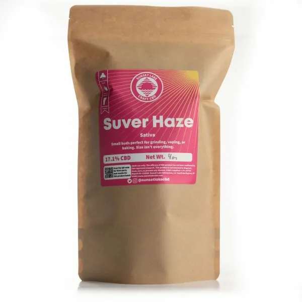 A four ounce bag of Suver Haze hemp flower smalls. 17.1% CBD