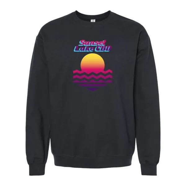 A black crewneck with a retro Sunset Lake CBD logo on the chest