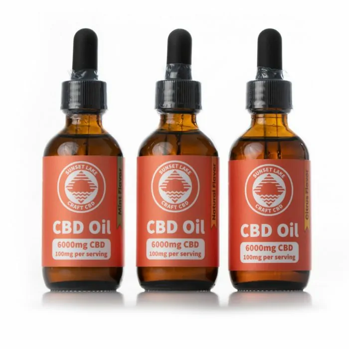 All of Sunset Lake CBD's 6,000mg CBD oil tinctures together, mint, natural, and citrus-flavored.