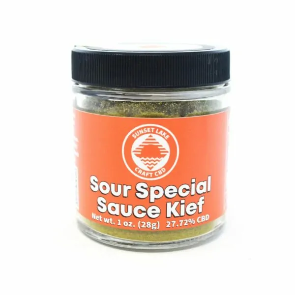 A jar of Sour Special Sauce Kief from Sunset Lake CBD
