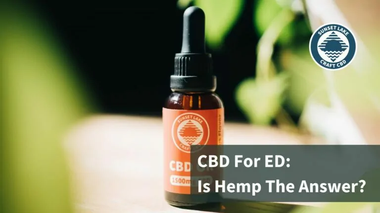CBD oil on nightstand. Text reads "CBD for ED: Is hemp the answer?"