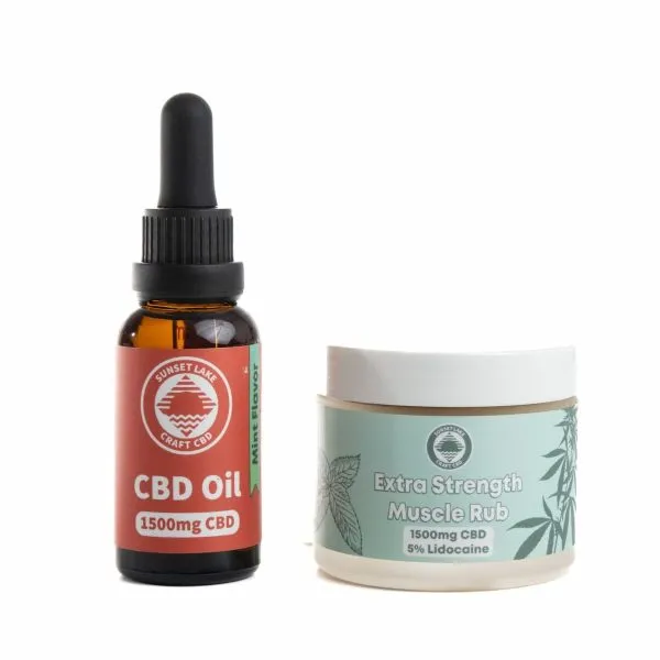 Sunset Lake's Everyday Relief Bundle with one 1500mg full spectrum CBD oil and a jar of Extra Strength CBD Muscle Rub