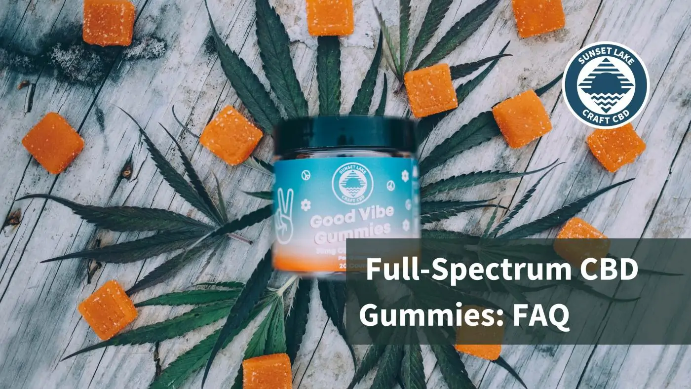 A jar of Good Vibe Gummies laying atop of hemp water leaves. The text reads "Full-Spectrum CBD Gummies: FAQ"