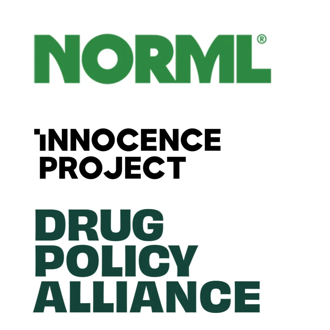Drug Policy card with Norml, Innocence Project, and Drug Policy Alliance logos