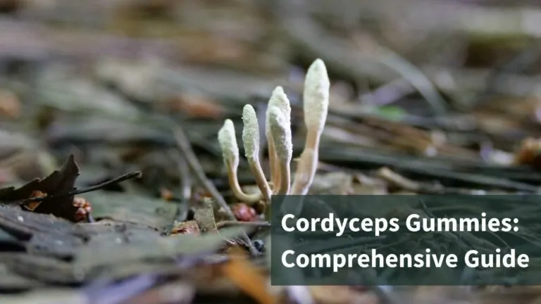 Cordyceps fungi from the ground. Text reads Cordyceps gummies: Comprehensive Guide