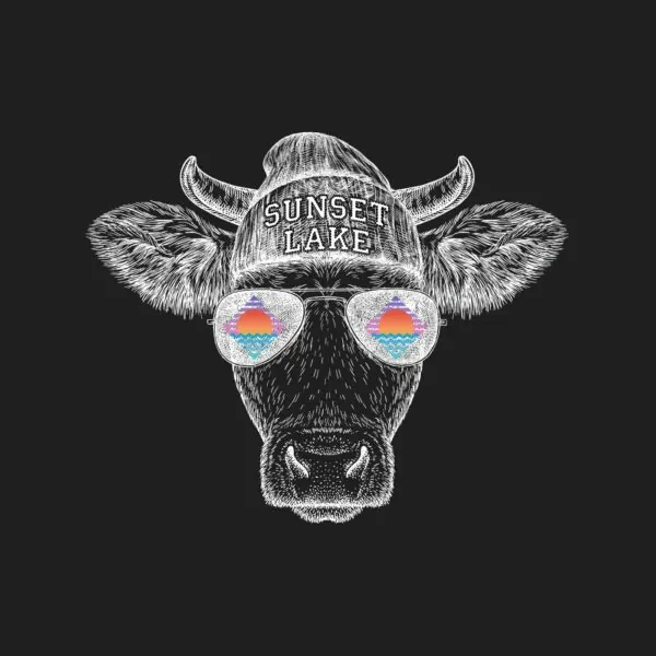 A design of a cow wearing glasses embossed with the Sunset Lake retro logo