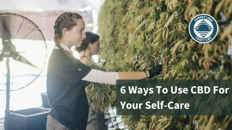 A woman hanging hemp flowers to dry, with overlaid text "6 ways to use CBD for your self-care